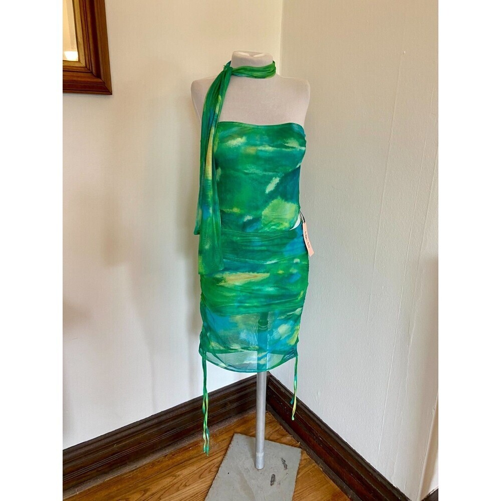 Micas Strapless Corset Versace J- Lo Green 3PC Set Tie Dye Net Mesh Skirt L Ruch